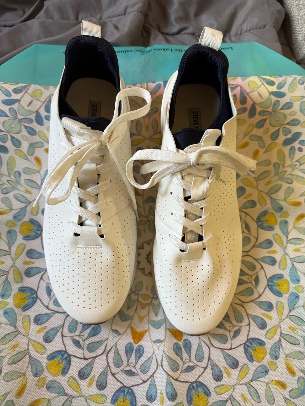 Steve Madden White Perforated Lace-Up Sneakers with Navy Lining